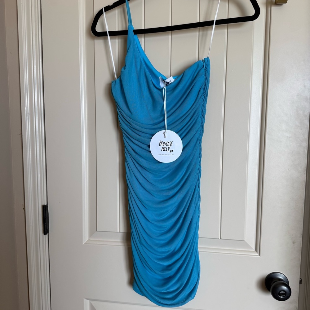 Princess Polly Jocasta Mini Dress Turquoise 👗 Rouched Dress NWT 4 Blue Small